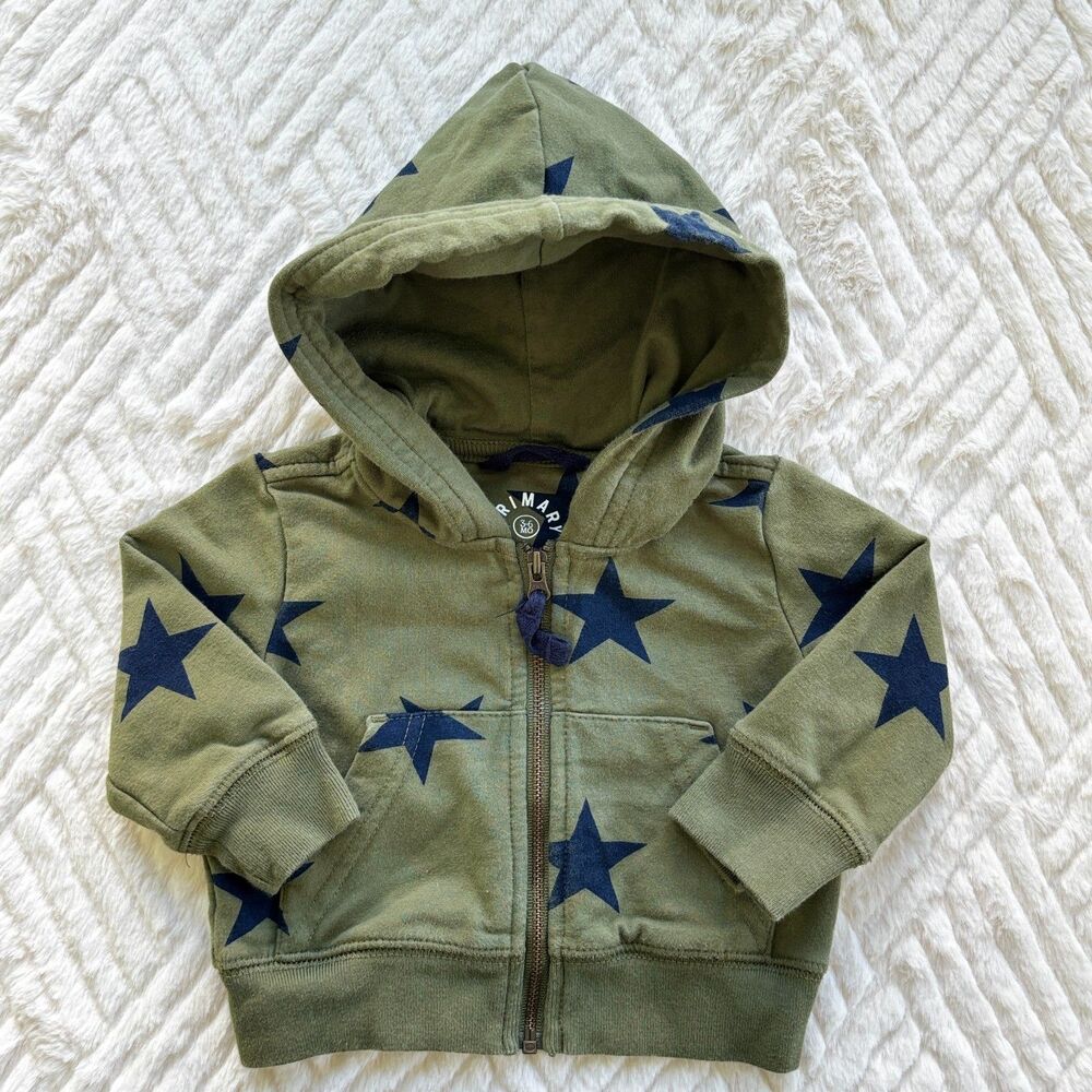 Primary 3-6M Olive Green Navy Star Zip Hoodie Sweatshirt Baby Jacket Coat